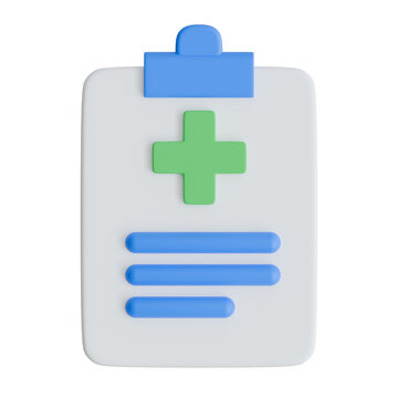 3D clipboard with blank check lists and a green medical cross symbol.