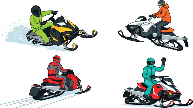 Flat Cartoon Snowmobile Rider Illustration Set with Winter Sports Athletes Driving Snowmobiles in Action Poses Wearing Safety Helmets and Winter Gear