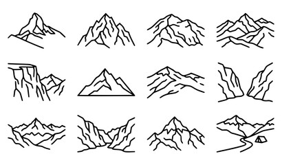 Fototapeta premium Alpine mountain and snowy peak monoline landscape icon collection
