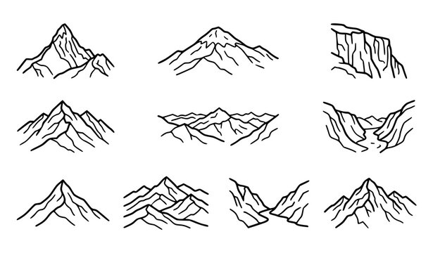 Mountain range outline vector set with snowy peaks rocky cliffs and alpine landscapes