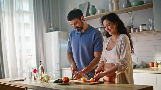 Pregnant couple cooking vegetable salad kitchen. Happy pair chopping food home.