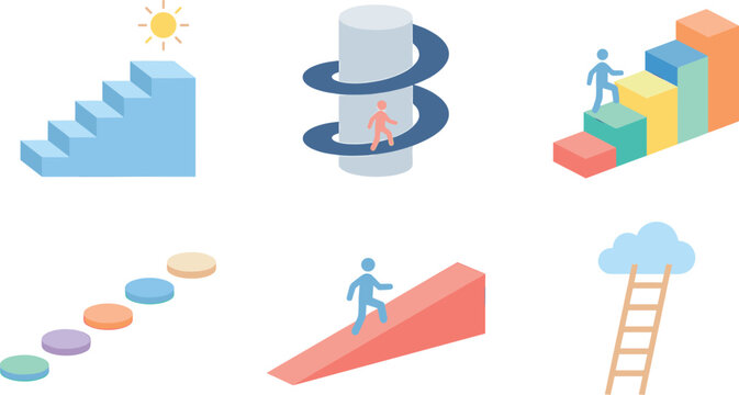 Isometric business career growth icons set featuring stairs spiral ramp bar chart ladder to cloud and stick figure walking upward vectors.