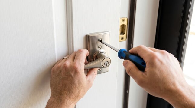 Close up of handyman repairing door lock handle with screwdriver, home maintenance and security concept, locksmith service fixing broken knob on white wooden interior door frame.