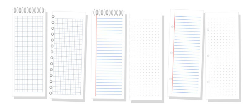 Spiral bound paper set vector, six realistic white notebook sheets with metal spiral coil binding, punched holes and torn perforated edges for note design isolated