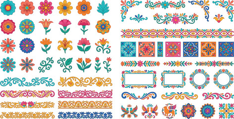 Mexican folk art floral design kit featuring colorful Talavera tiles borders frames flowers corners ornaments and ethnic patterns isolated on white background © ALOMGIR