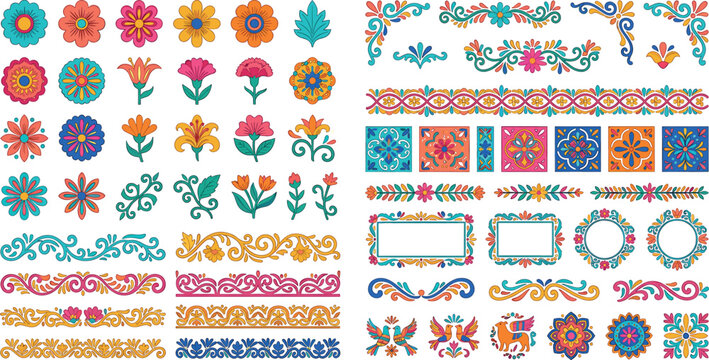 Mexican folk art floral design kit featuring colorful Talavera tiles borders frames flowers corners ornaments and ethnic patterns isolated on white background
