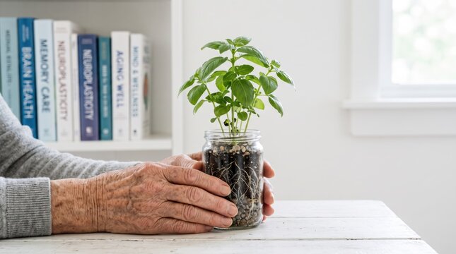 Elderly hands holding small plant in glass jar, symbolizing growth, care, aging well, brain health, neuroplasticity, memory care, wellness, longevity, mindfulness, natural therapy