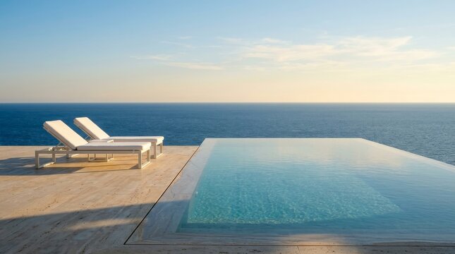 Oceanfront Infinity Pool: A serene infinity pool blending with the ocean horizon, featuring two white lounge chairs on a wooden deck under a warm, bright sky