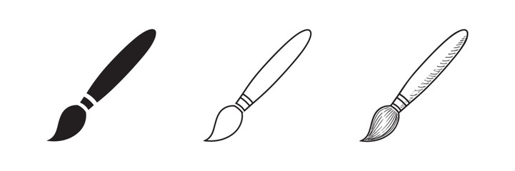 Fototapeta premium Artistic paint brush icon set. Painting, renovation, and art tool symbol. solid, outline and hand drawn sketch styles