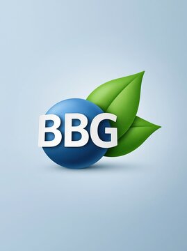 Blue sphere with green leaves and white letters BBG, symbolizing growth, nature, and eco-friendly concepts