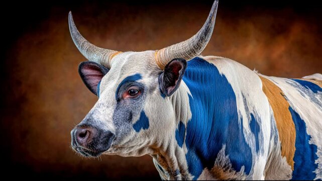 Cow with blue and white markings stands against a dark background in a farm setting during daytime