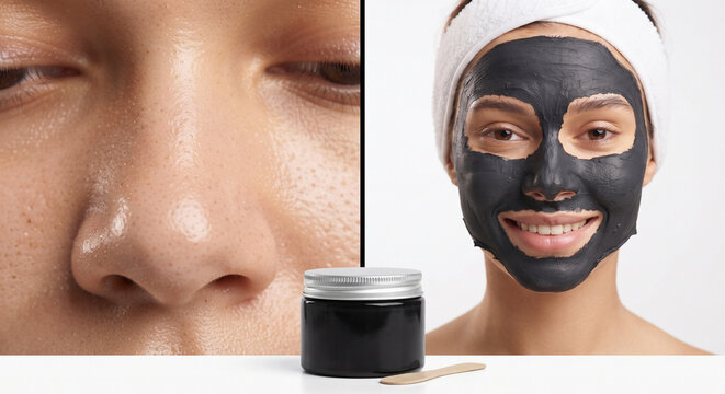 Split-screen conceptual shot for a purifying charcoal mask. The left side shows a close-up of a model's T-zone area with visible pores and slight shine before application. 