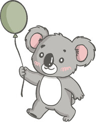Naklejka premium Cute koala holding green balloon with pink cheeks and white belly, walking happily with joyful expression