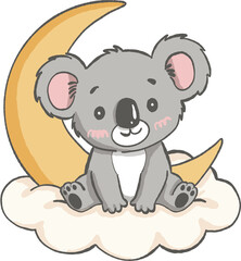Naklejka premium Cute koala sitting on cloud with crescent moon behind, soft colors and gentle expression evoke calm and warmth