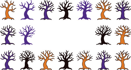 Obraz premium A comprehensive collection of halloween themed vector icons featuring spooky trees in various colors perfect for digital designs crafting projects and festive decorations