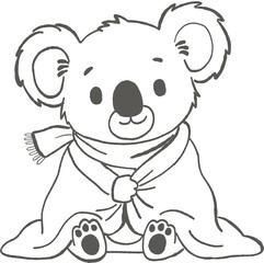 Fototapeta premium Cute koala with scarf and blanket sitting, cozy and warm animal with big ears and paws