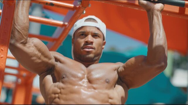 Man doing pull-ups at a park gym in the daytime under bright sunlight with a focused expression