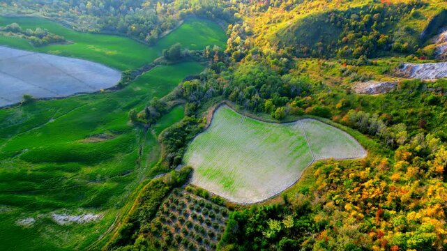 Splendid aerial top-down bird's-eye push-in shot near Santa Vittoria in Matenano with carpet-like green hills, fields, spaces, ravines, surrounded by dense sunlit thickets in vivid emerald colours