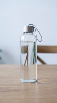 Glass water bottle clear reusable eco concept on wooden table minimal home