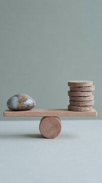 Wood balance stone stack minimal balance esg concept on neutral background