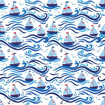 Blue wave and cloud seamless pattern design