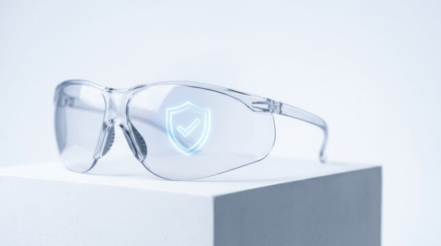 Protective eyewear on white pedestal for occupational health safety and clear lens protection