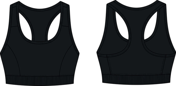 Black Sports Bra Mockup Vector Set Front and Back View Blank Racerback Top Templates