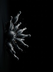 Fototapeta premium Dramatic Black Bowling Ball Impact Scattering Pins on a Dark Background Minimalist Sports Concept