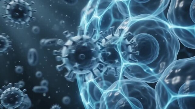 Microscopic view of biological cells and viruses in a digital realm