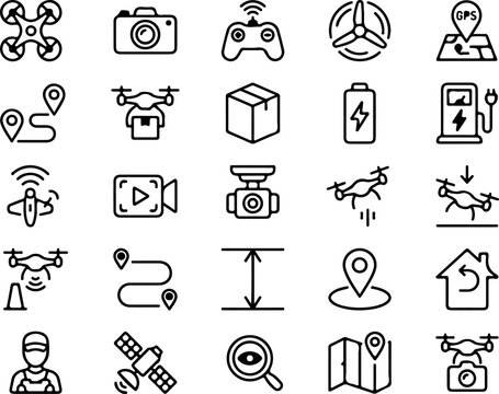Set of drone and aerial photography line icons, including drone, controller, camera, gps, delivery, battery, charging station, navigation, and mapping symbols