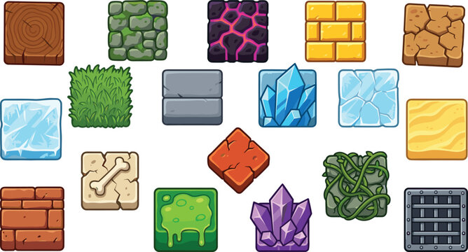 Cartoon Fantasy 2D Game Block Texture Set with Wood Stone Moss Lava Crystals Slime Grass Sand and Iron Grates for Level Design