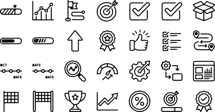 Set of business and management line icons contains icons such as progress bar, goal, checklist, strategy, growth, trophy, and more vector illustration
