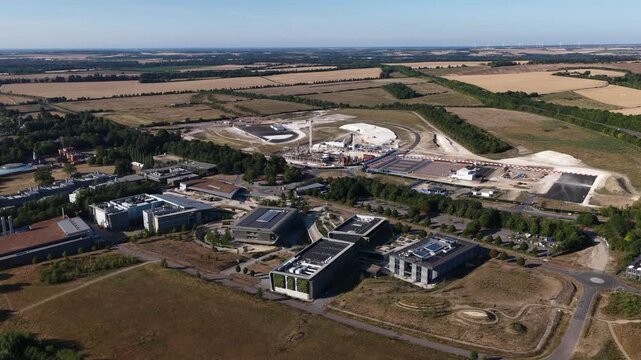 Aerial view of the Wellcome Genome Campus near Cambridge, England, a major genomics, biotechnology and biomedical research campus with laboratories and scientific facilities.