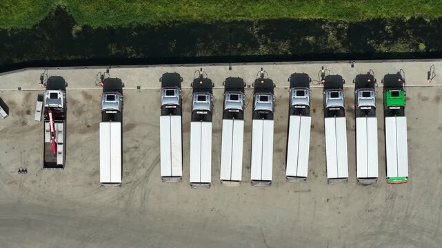 Aerial view of an electric truck charging at a company facility, showing commercial fleet electrification, EV infrastructure and sustainable logistics.