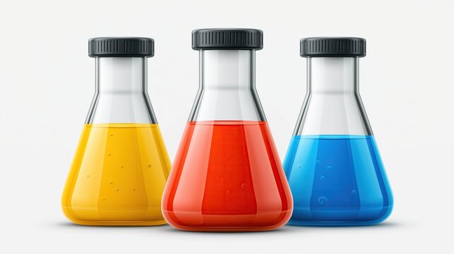 Three sealed glass erlenmeyer flasks filled with bright yellow red blue liquids on clean white background for chemistry science research and lab experiment concept