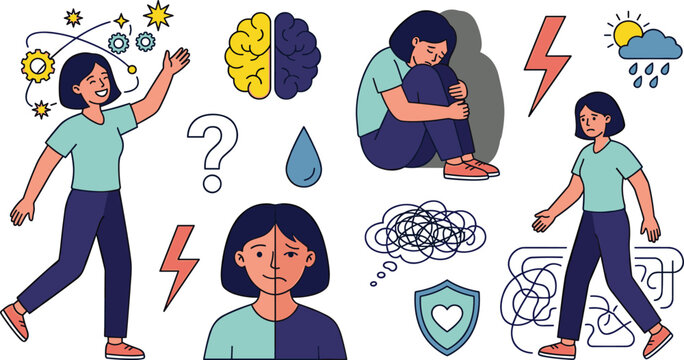 Bipolar Disorder and Mental Health Symptoms Vector Set Featuring Woman Experiencing Mania Depression Mood Swings Brain Chemistry Changes and Anxiety