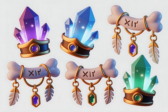 3d Cartoonish Fantasy magical amulet crystal and bone artifacts set isolated on white background