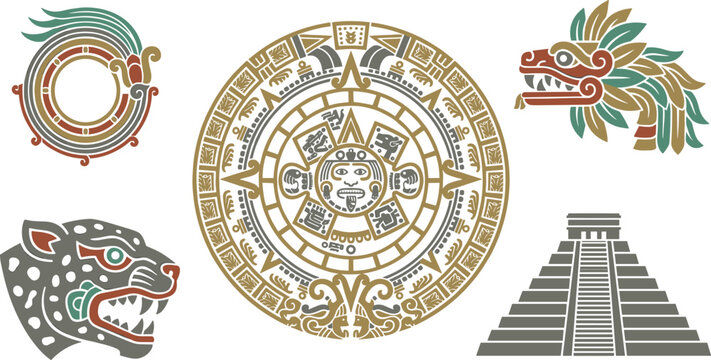 Ancient Aztec Calendar Stone And Mayan Culture Vector Set Featuring Quetzalcoatl Plumed Serpent Jaguar Warrior Head And Pyramid