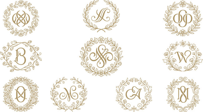 Luxury gold monogram logo vector illustration set with elegant floral wreath frames and vintage wedding calligraphy initials