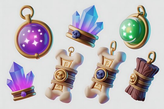 3d Cartoonish Fantasy magical amulet crystal and bone artifacts set isolated on white background