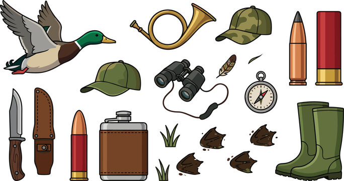 Mallard Duck Hunting and Outdoor Equipment Vector Set Featuring Flying Bird Binoculars Ammo Flask Camouflage Cap Hunting Knife and Rubber Boots