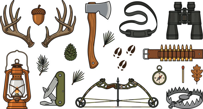 Forest Deer Hunting and Survival Equipment Vector Set Featuring Compound Bow Deer Antlers Hatchet Binoculars Ammo Belt Oil Lantern and Animal Trap