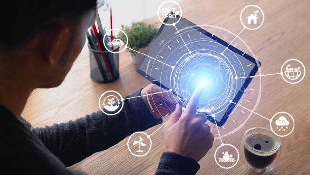 Net zero and sustainability concepts with environmental balance, digital sustainability icons, green energy goals, and eco-conscious digital business transformation for the future. Gist