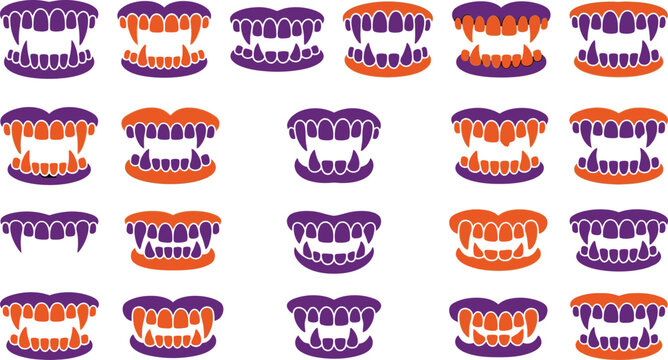 A vibrant collection of halloween themed vector icons specifically showcasing various designs of spooky vampire teeth for coloring and creative projects perfect for festive designs