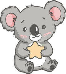 Obraz premium Cute koala holding star with pink cheeks and big ears, adorable animal character with soft gray fur and happy expression