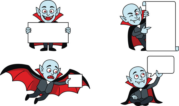 Cute Cartoon Vampire Count Dracula Character Set Holding Empty Blank Signs Paper Scroll Speech Bubble and Flying for Halloween Marketing Designs