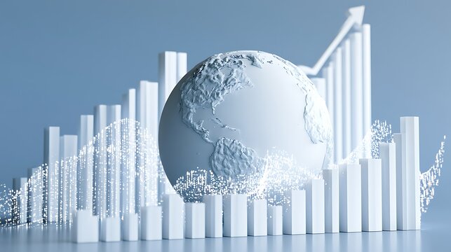 world globe surrounded by ascending economic charts and flowing financial data, global GDP growth concept,