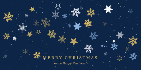 Fototapeta premium Merry christmas and happy new year greeting card with golden and blue snowflakes and stars on a dark blue background