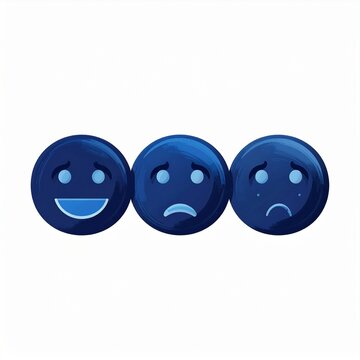 Three round faces showing happy, sad and worried emotions, emotional expression chart icon, flat vector illustration
