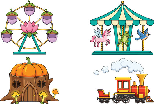 Fairy Tale Amusement Park Vector Icon Set with Acorn Ferris Wheel Carousel Tree Stump Pumpkin House and Steam Train Graphic Elements